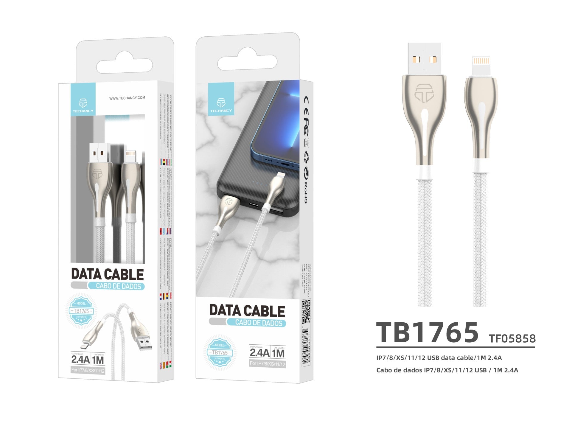Cabo de dados USB-iP Metal da Techancy, TB1765, 1 m, 2,4 A, cinzento